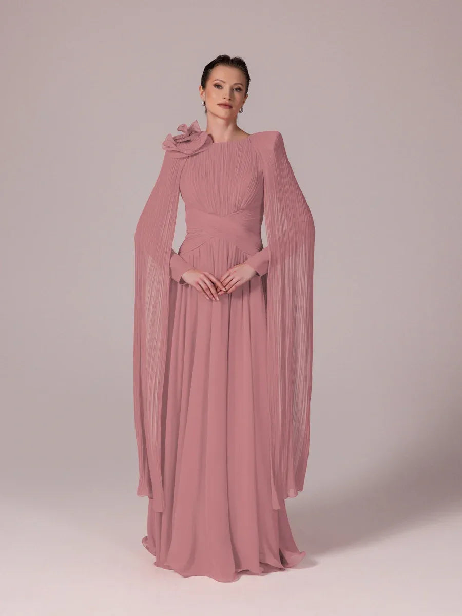 25203-Uzun Kol Kloş Tesettür Abiye Elbise - Kenzel