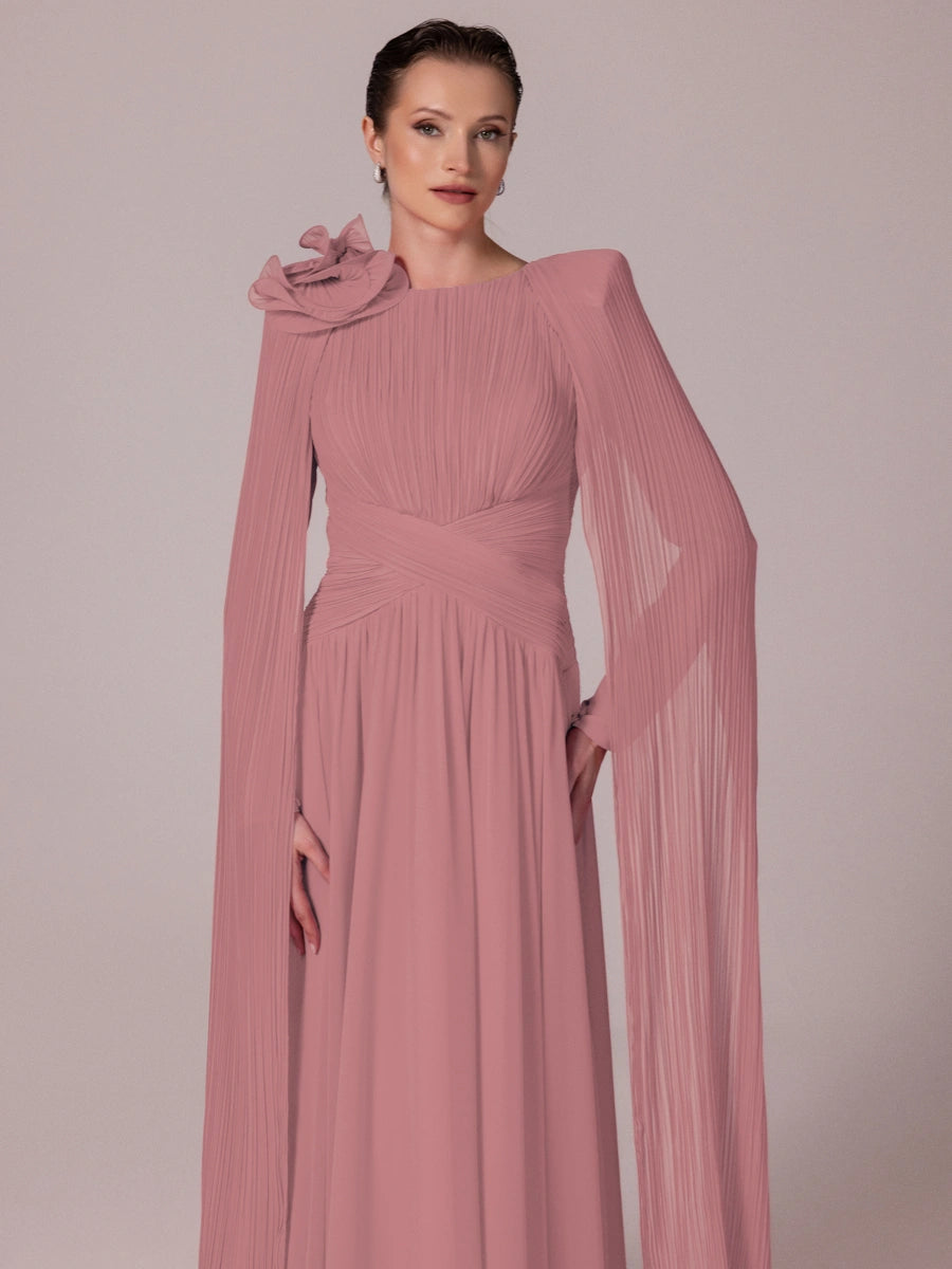 25203-Uzun Kol Kloş Tesettür Abiye Elbise