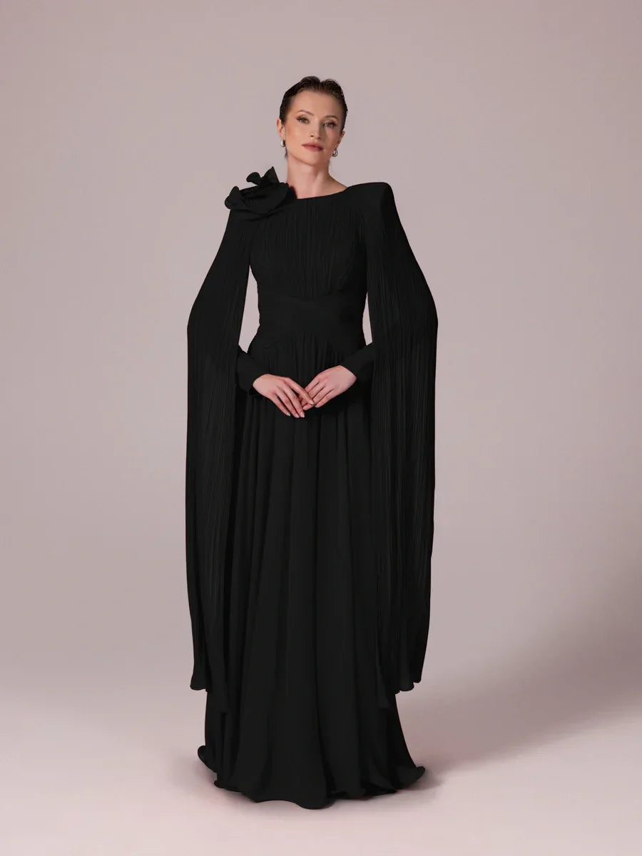 25203-Uzun Kol Kloş Tesettür Abiye Elbise - Kenzel