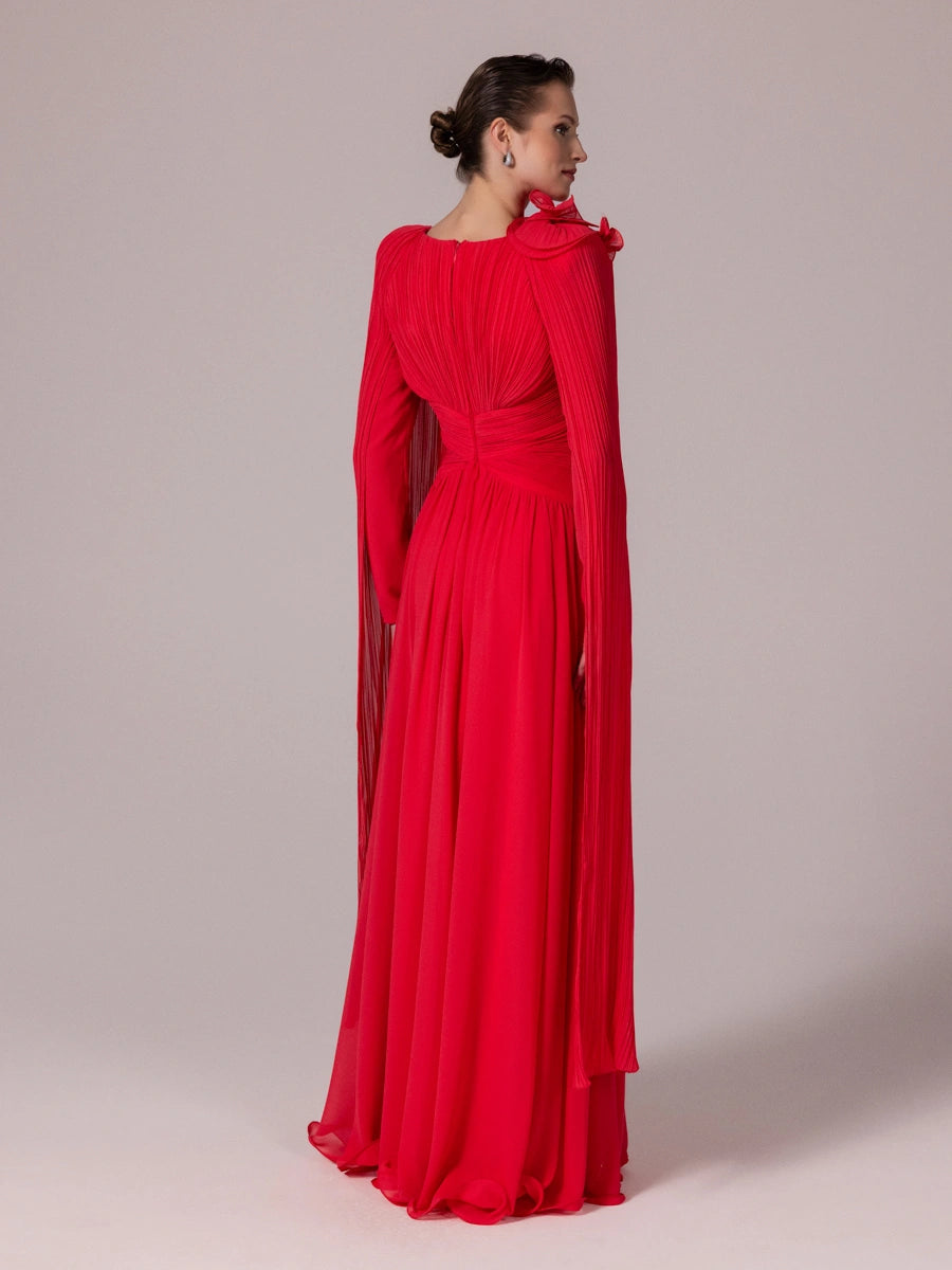 25203-Uzun Kol Kloş Tesettür Abiye Elbise