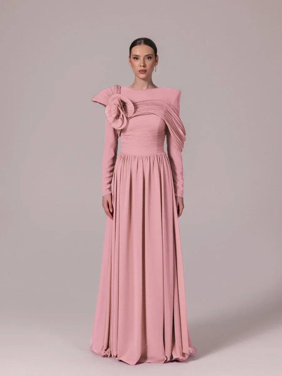 25204-Omuz Çiçek Detaylı Kloş Tesettür Abiye Elbise - Kenzel