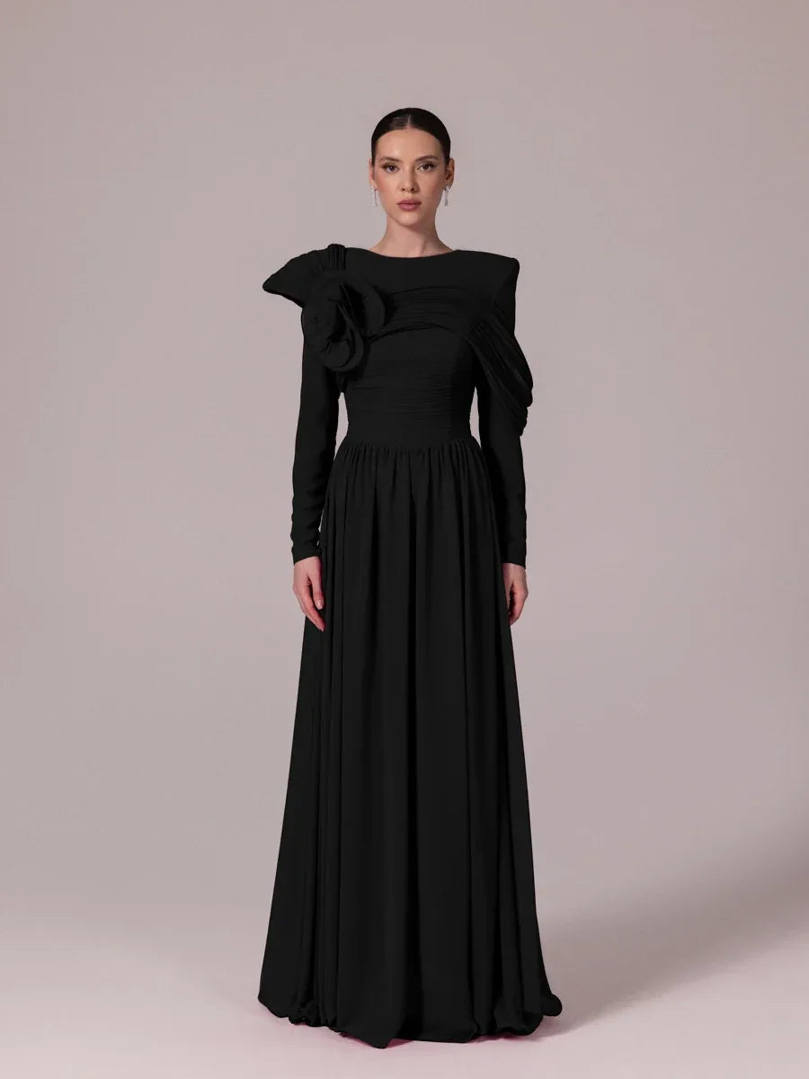 25204-Omuz Çiçek Detaylı Kloş Tesettür Abiye Elbise - Kenzel