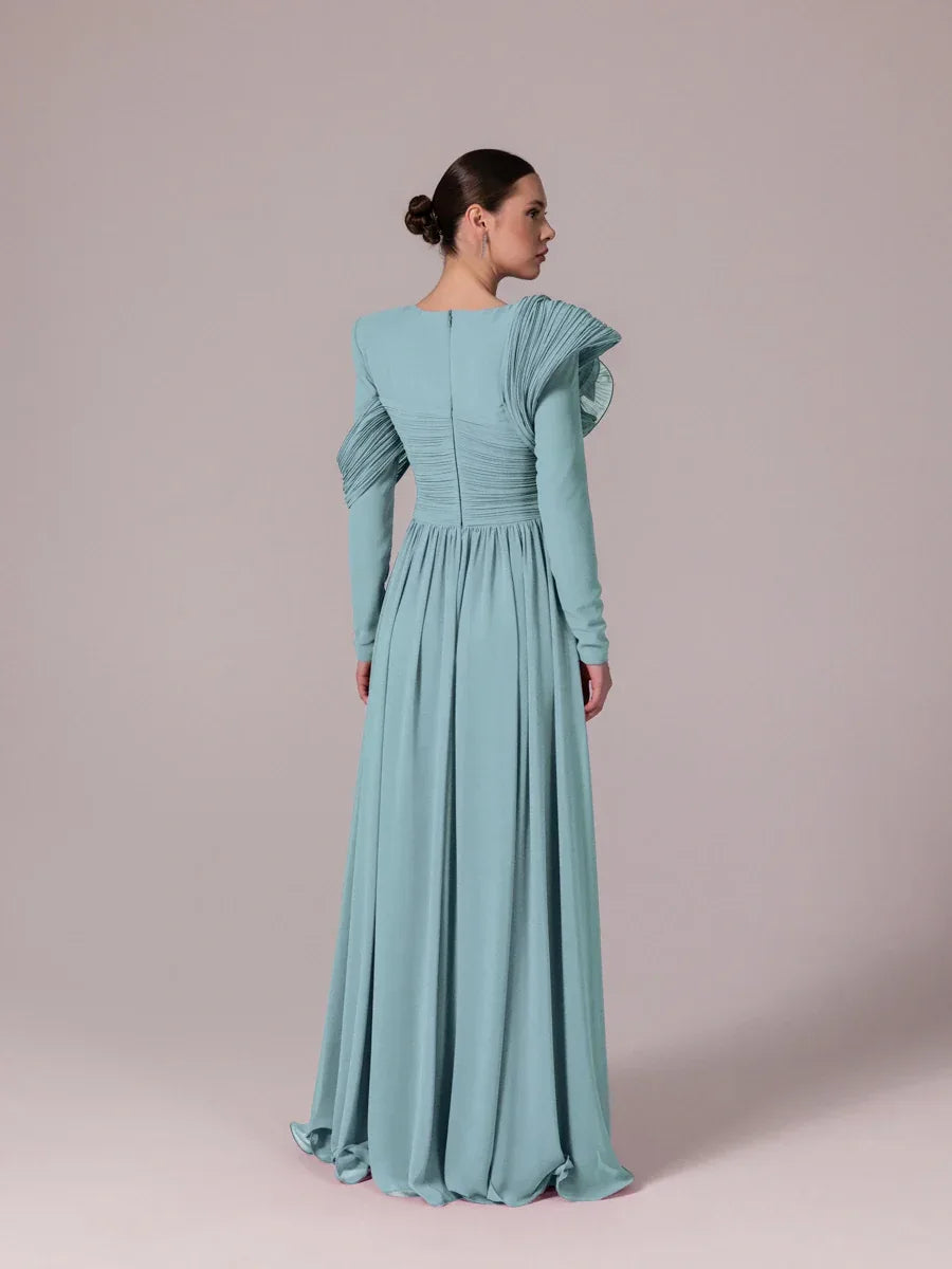 25204-Omuz Çiçek Detaylı Kloş Tesettür Abiye Elbise - Kenzel