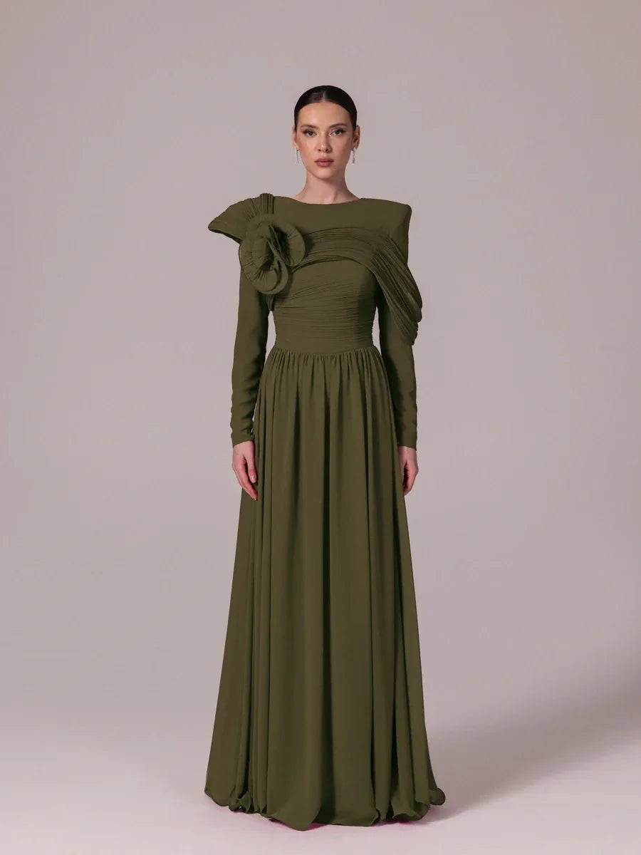 25204-Omuz Çiçek Detaylı Kloş Tesettür Abiye Elbise - Kenzel