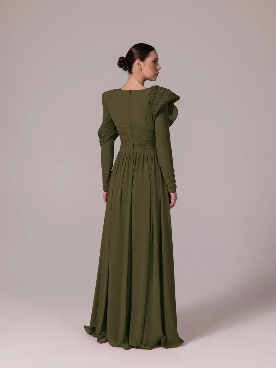 25204-Omuz Çiçek Detaylı Kloş Tesettür Abiye Elbise - Kenzel