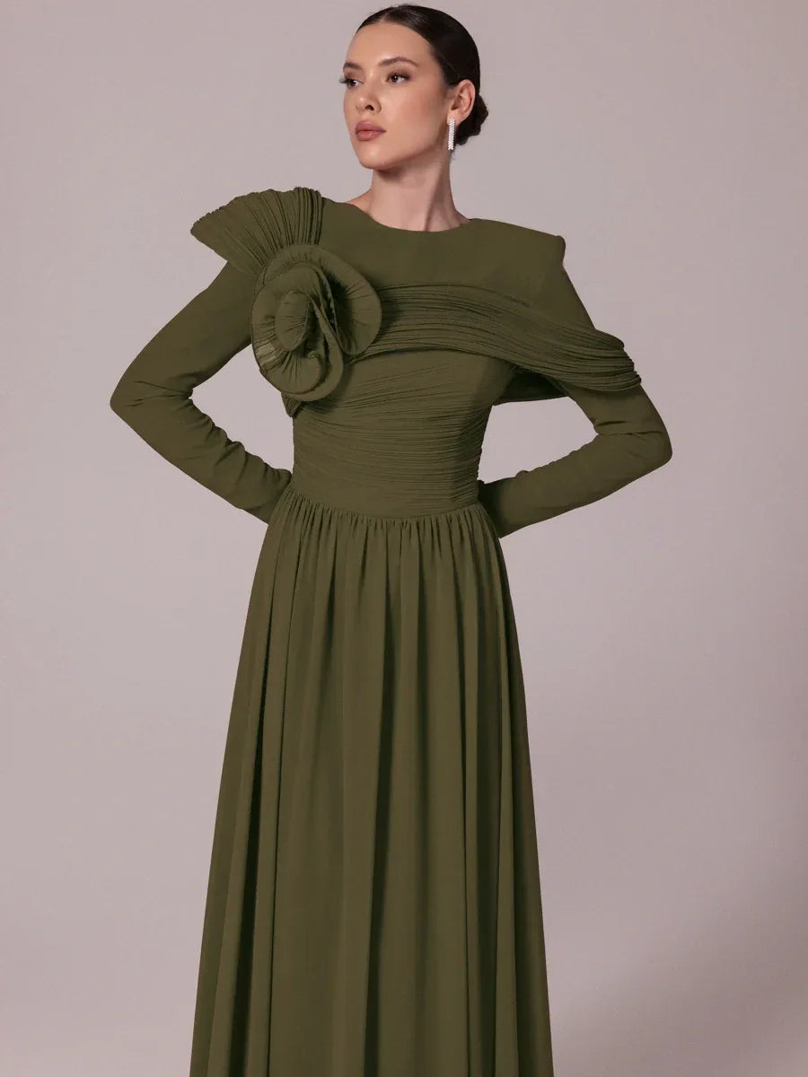 25204-Omuz Çiçek Detaylı Kloş Tesettür Abiye Elbise - Kenzel