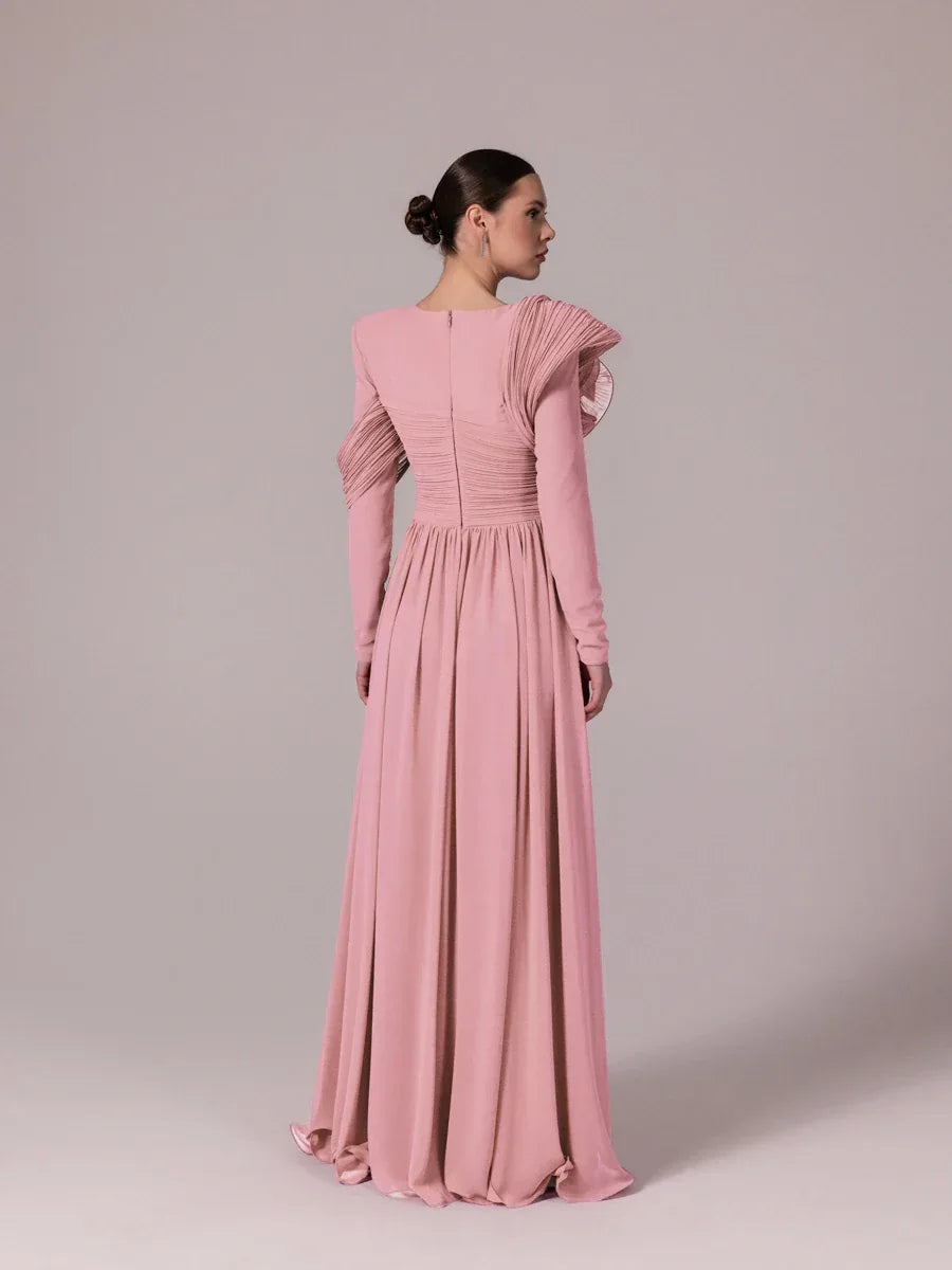 25204-Omuz Çiçek Detaylı Kloş Tesettür Abiye Elbise - Kenzel