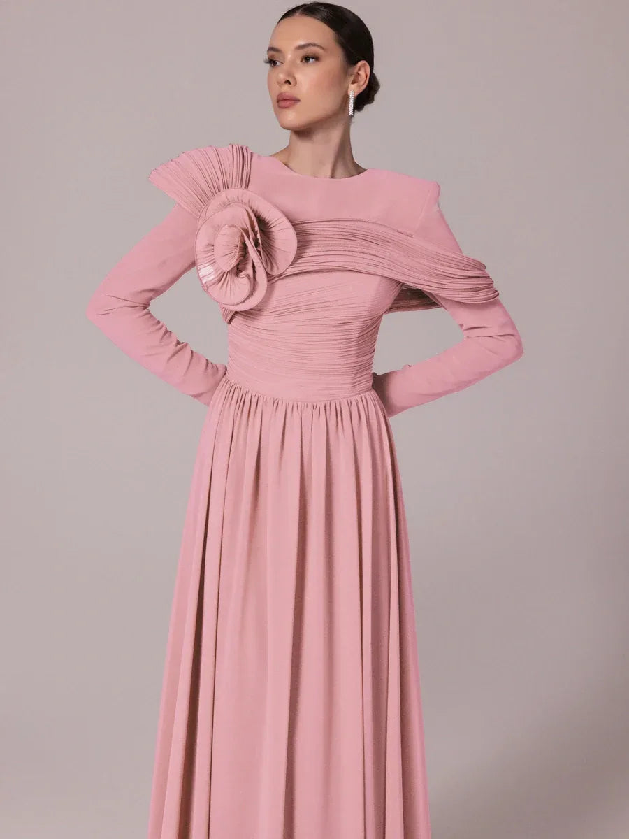 25204-Omuz Çiçek Detaylı Kloş Tesettür Abiye Elbise - Kenzel