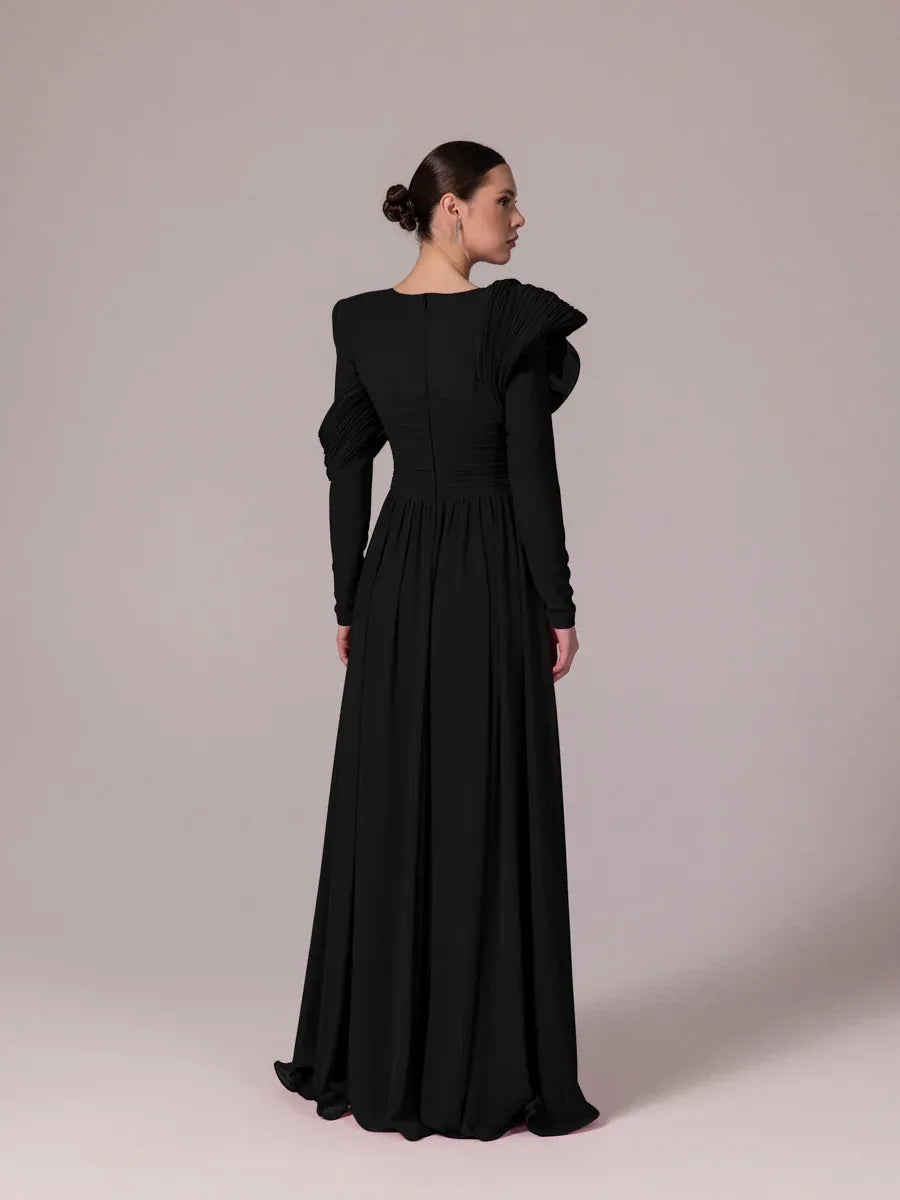 25204-Omuz Çiçek Detaylı Kloş Tesettür Abiye Elbise - Kenzel