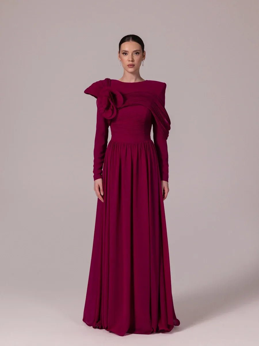 25204-Omuz Çiçek Detaylı Kloş Tesettür Abiye Elbise - Kenzel