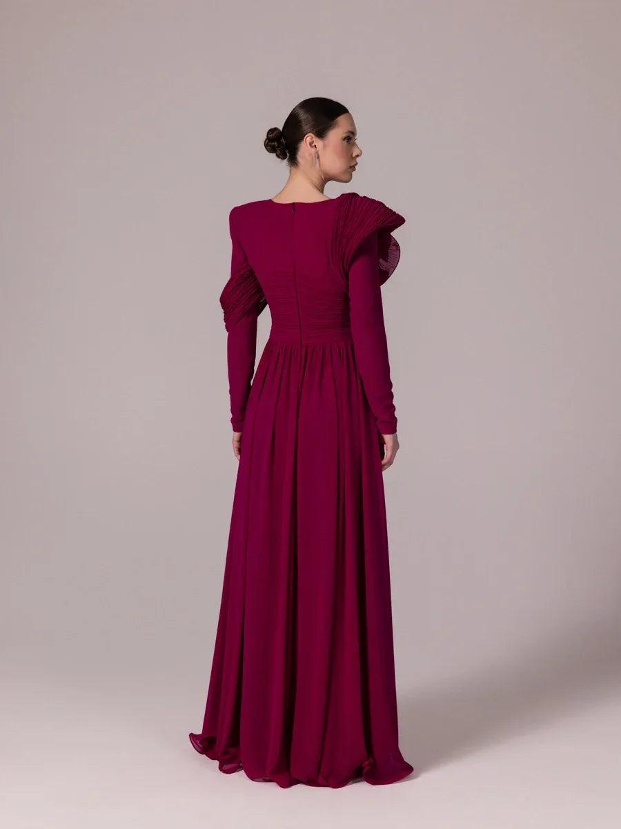 25204-Omuz Çiçek Detaylı Kloş Tesettür Abiye Elbise - Kenzel