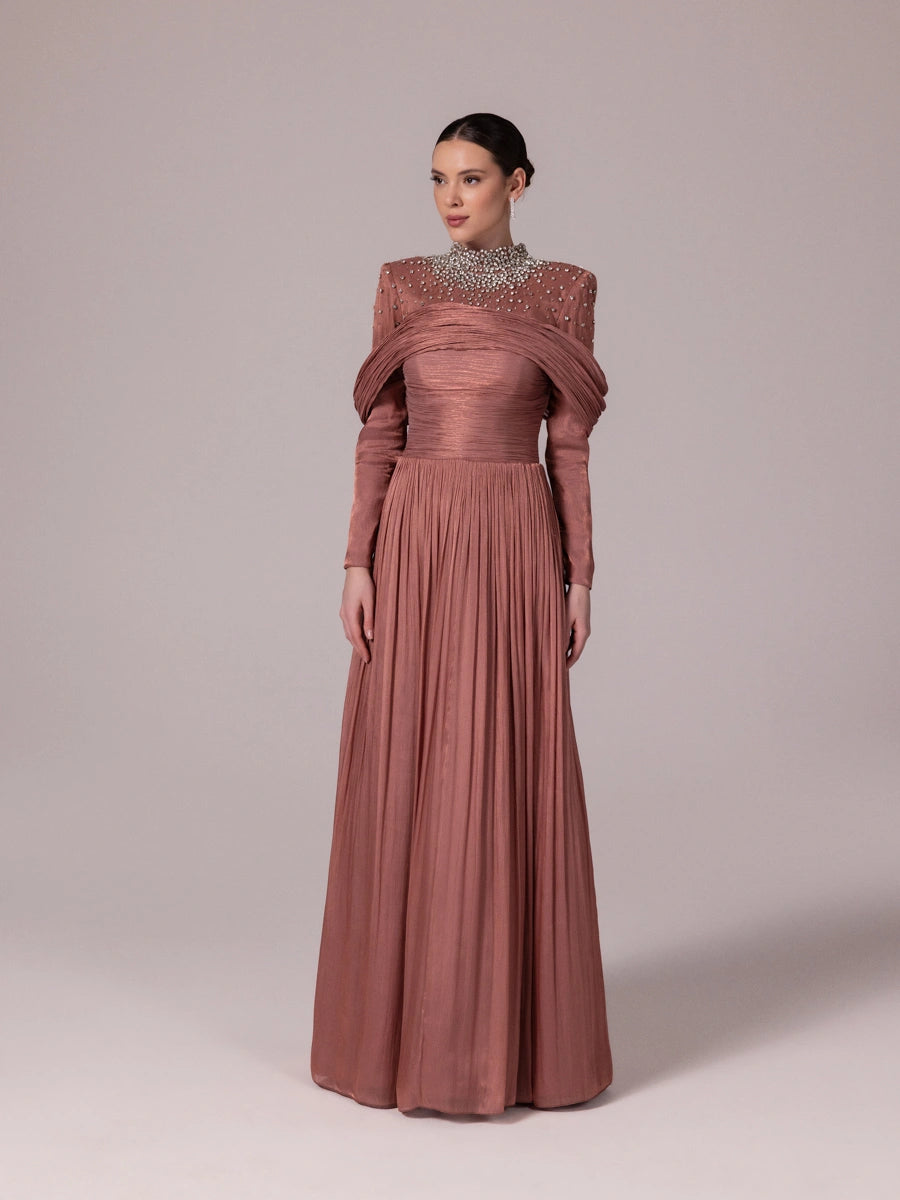 25207-Yakası Taş İşlemeli Pliseli Kabarık Tesettür Abiye Elbise