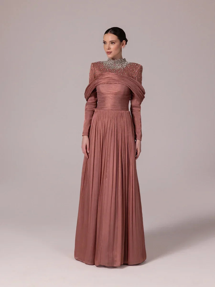 green emerald velvet dress 25207-Pleated Puffy Hijab Evening Dress with Stone Embroidered Collar