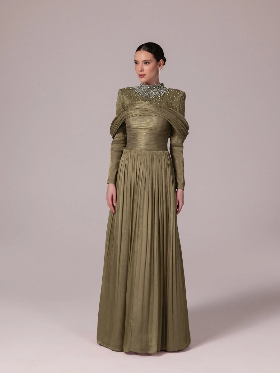 25207-Yakası Taş İşlemeli Pliseli Kabarık Tesettür Abiye Elbise