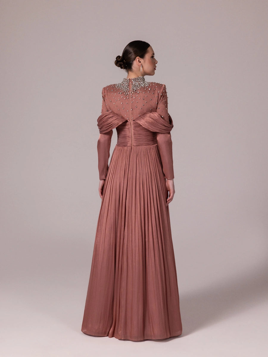 25207-Yakası Taş İşlemeli Pliseli Kabarık Tesettür Abiye Elbise