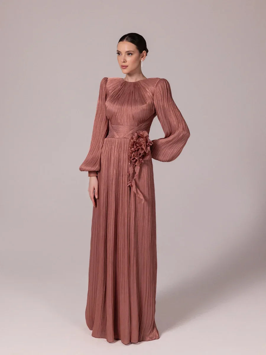 25208-Çiçek Tasarımlı Pliseli Tesettür Abiye Elbise - Kenzel