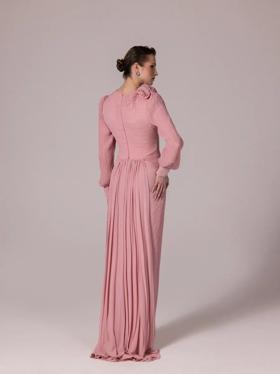 25209-Balon Kollu Piliseli Tesettür Abiye Elbise - Kenzel