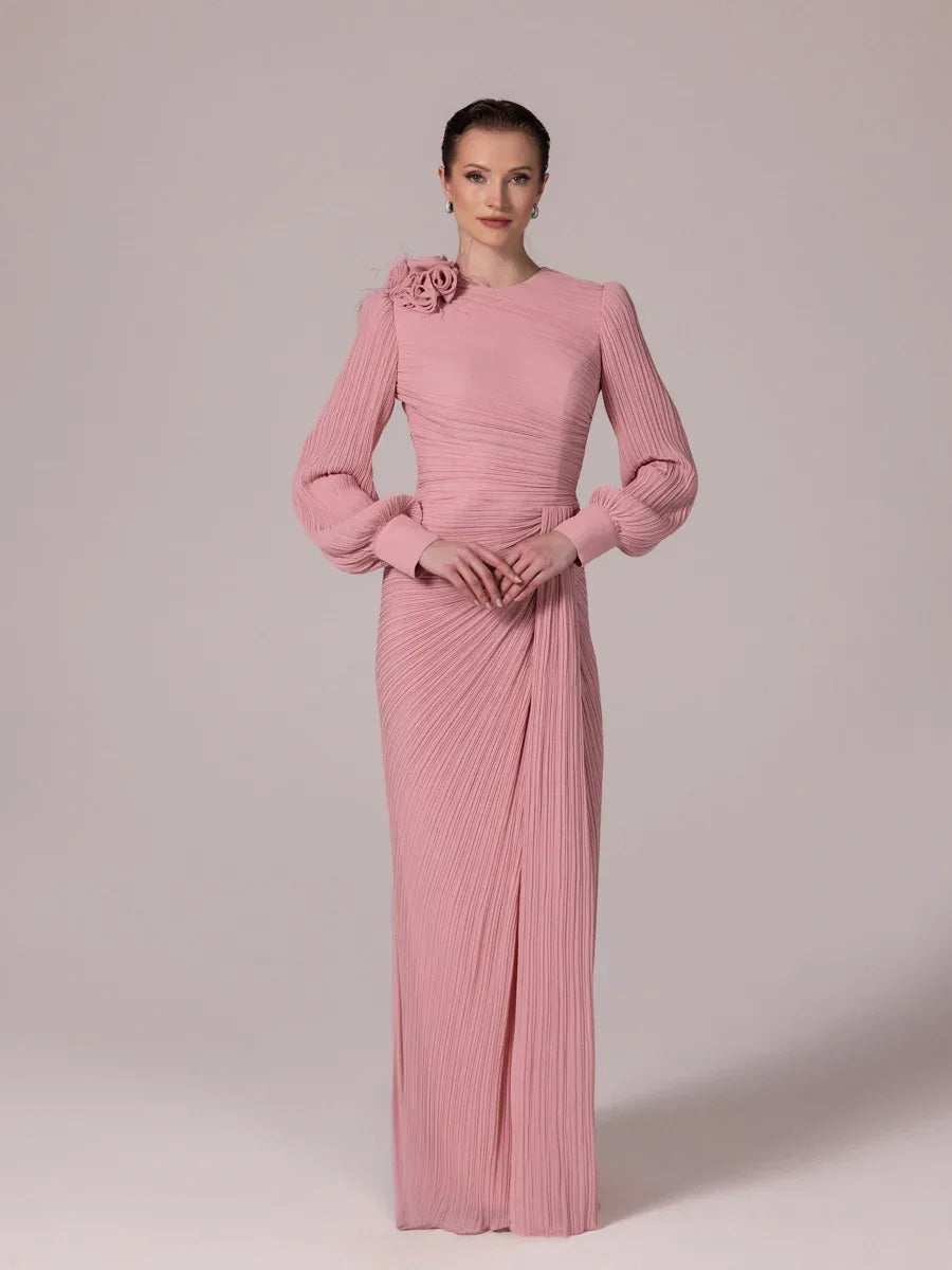 25209-Balon Kollu Piliseli Tesettür Abiye Elbise - Kenzel