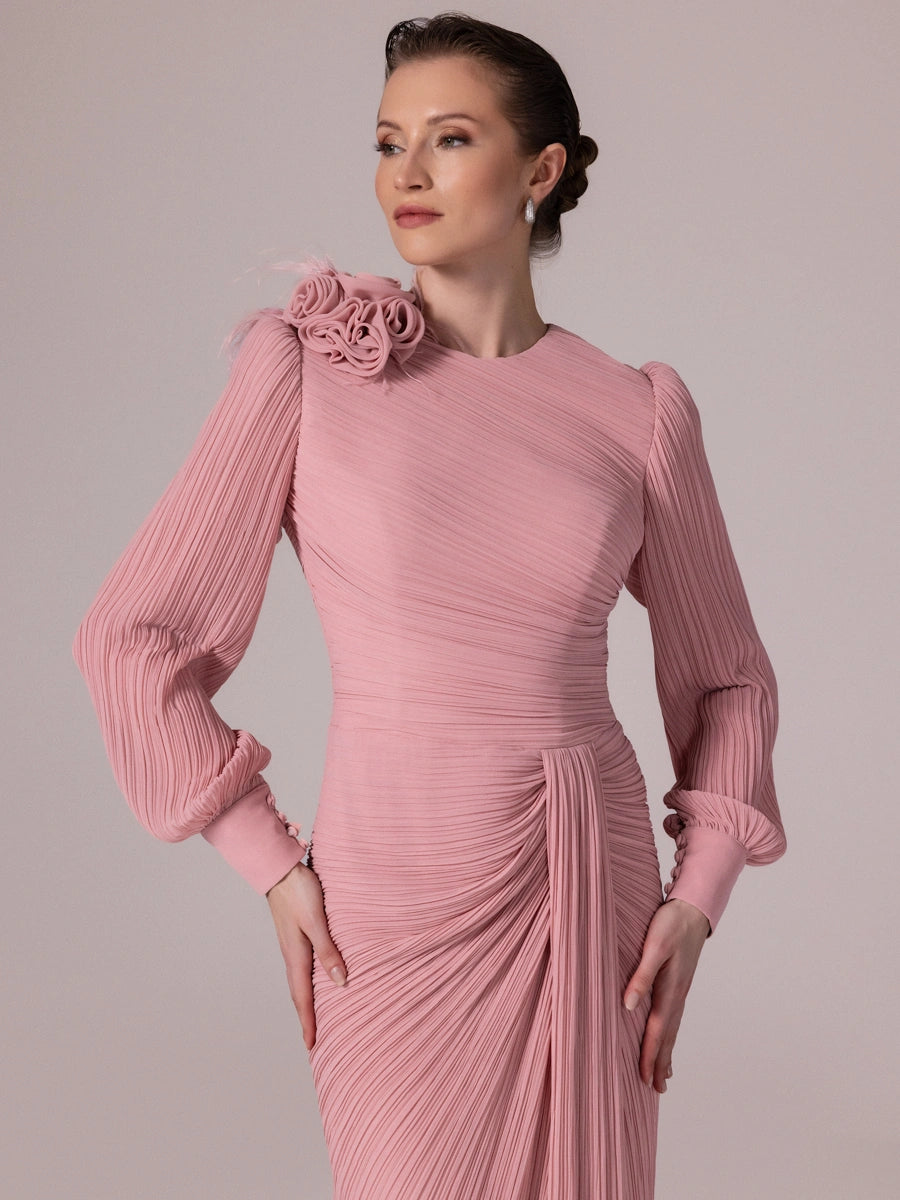 25209-Balon Kollu Piliseli Tesettür Abiye Elbise