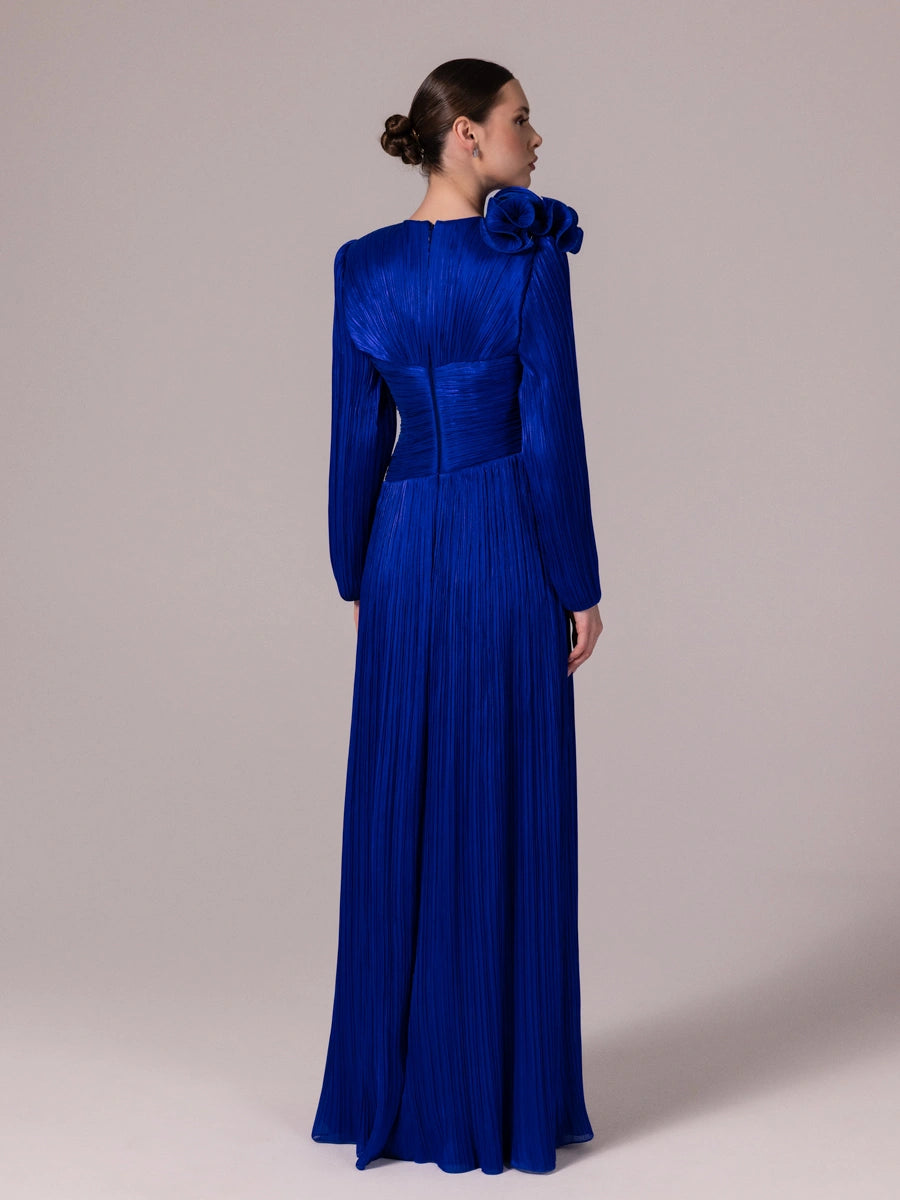 25211-Asimetrik Detaylı Balon Kollu Piliseli Kabarık Tesettür Abiye