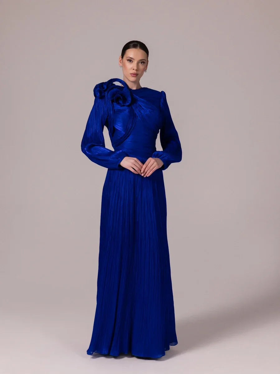 25211-Asimetrik Detaylı Balon Kollu Piliseli Kabarık Tesettür Abiye - Kenzel