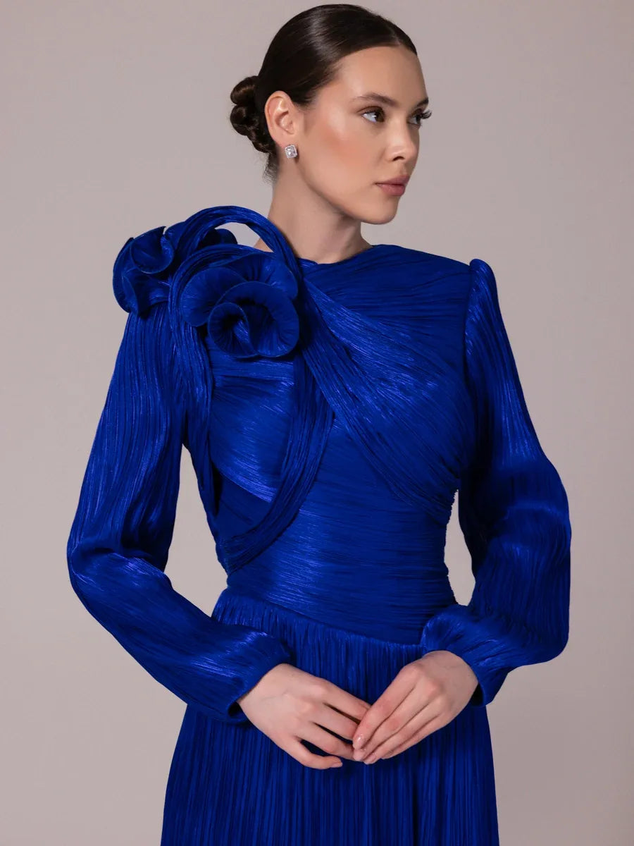 25211-Asimetrik Detaylı Balon Kollu Piliseli Kabarık Tesettür Abiye - Kenzel