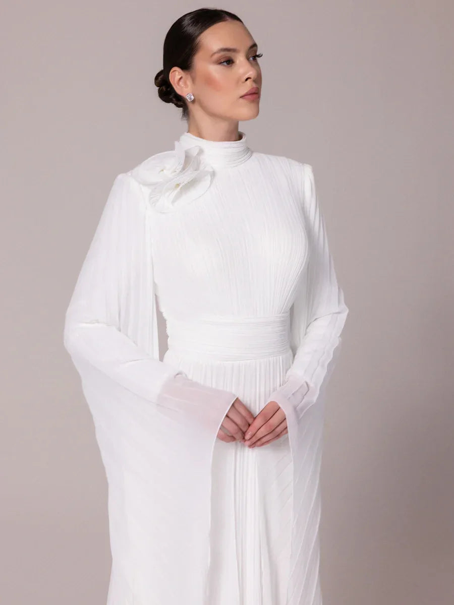 25212-Uzun Kollu Piliseli Tesettür Uzun Abiye Elbise - Kenzel