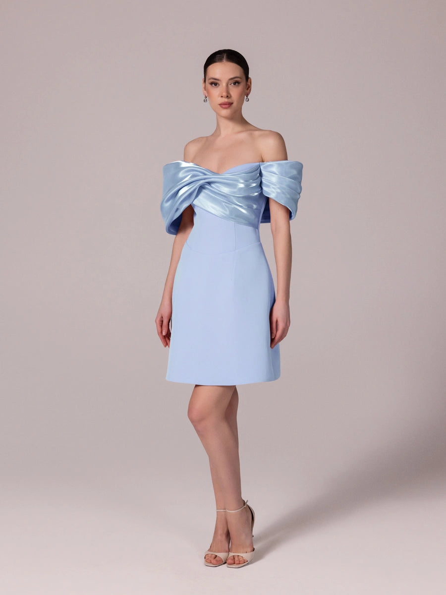 25301-Yakası Organze Detaylı Straplez Krep Mini Elbise