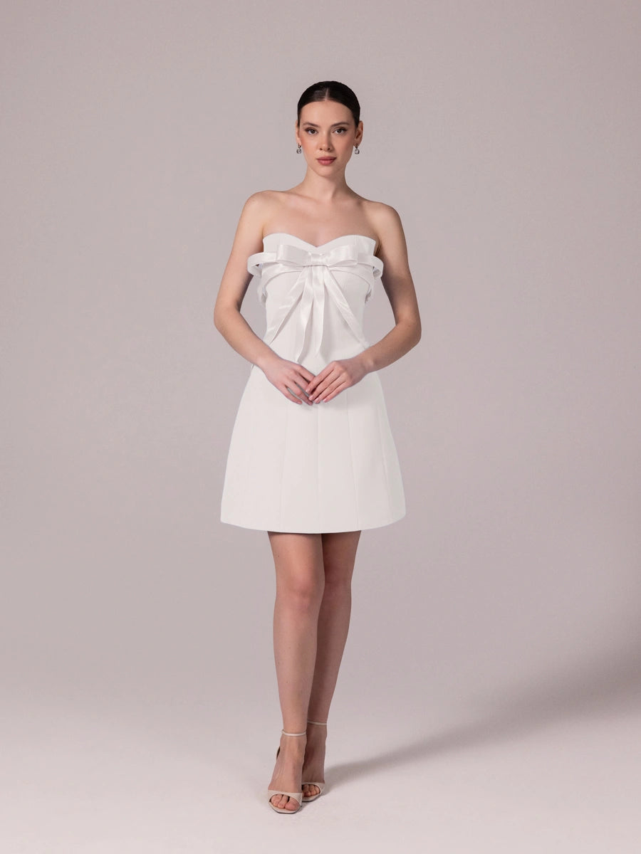 25302-Fiyonk Detaylı Kuplu Mini Elbise