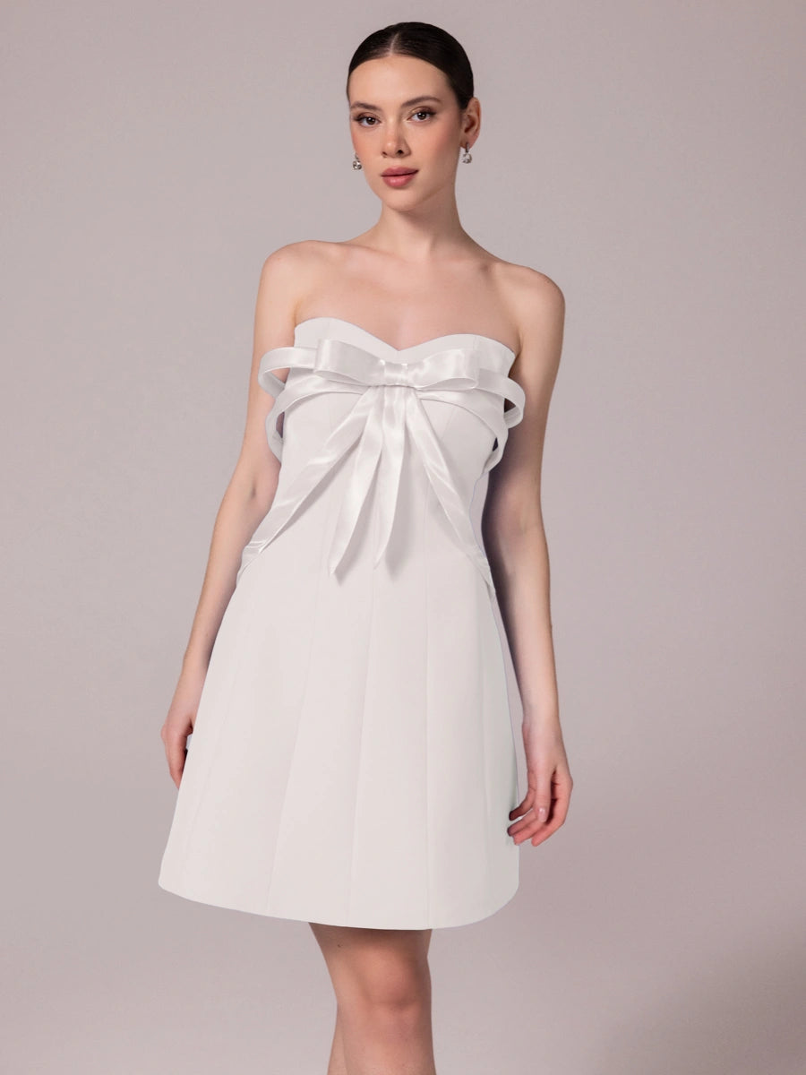 25302-Fiyonk Detaylı Kuplu Mini Elbise