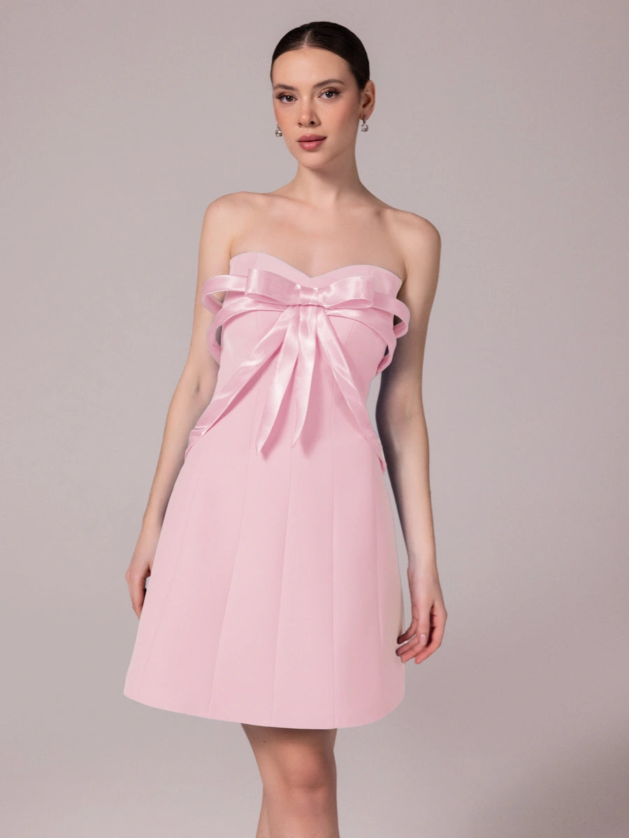 25302-Fiyonk Detaylı Kuplu Mini Elbise