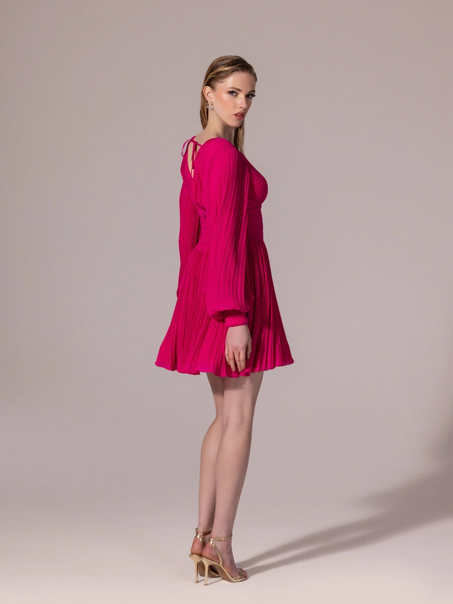 25305-Balon Kollu, Piliseli Mini Elbise