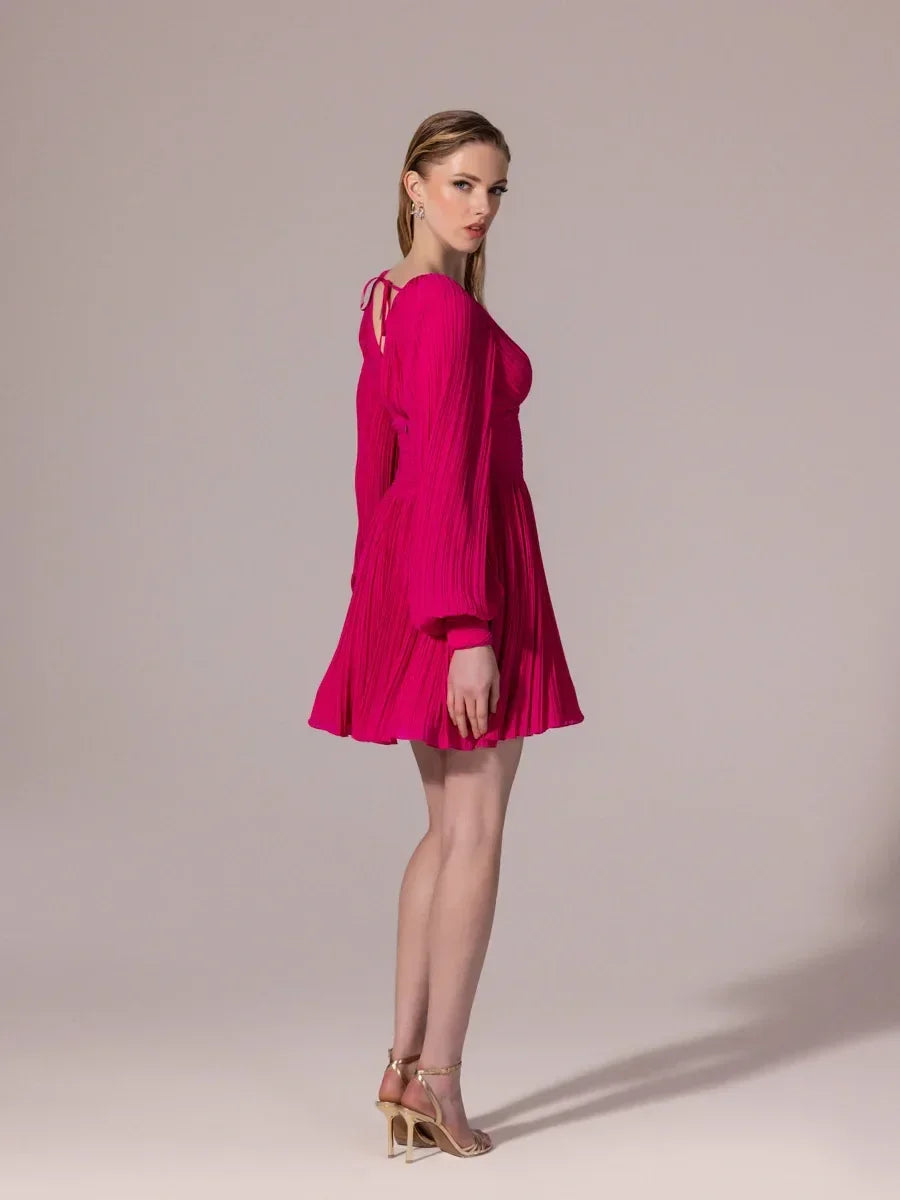 25305-Balon Kollu, Piliseli Mini Elbise - Kenzel