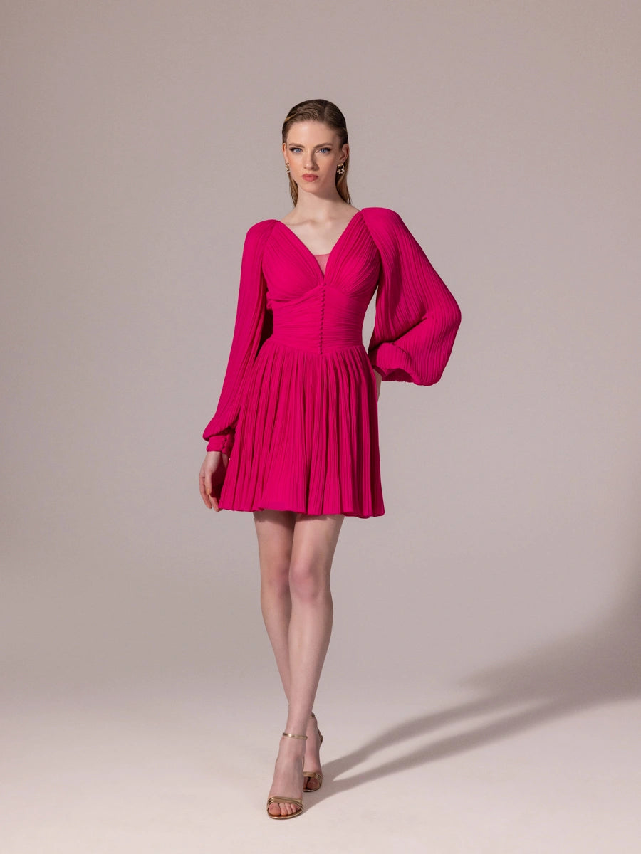 25305-Balon Kollu, Piliseli Mini Elbise