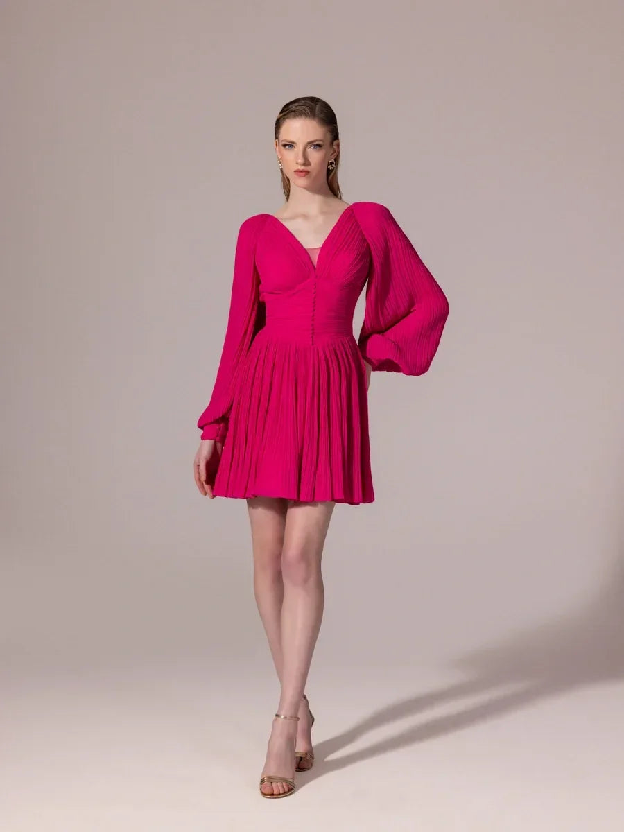 25305-Balon Kollu, Piliseli Mini Elbise - Kenzel