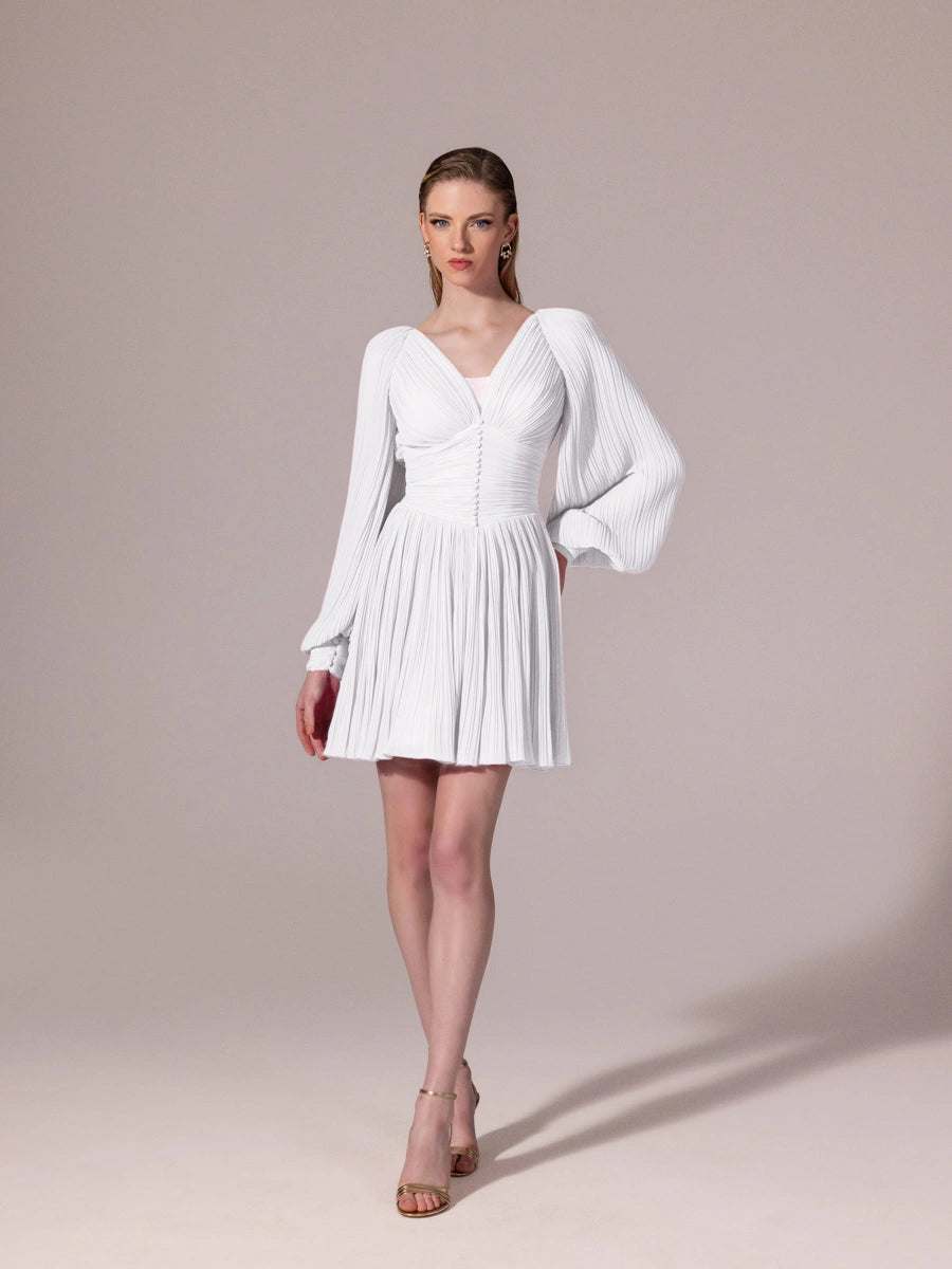 25305-Balon Kollu, Piliseli Mini Elbise