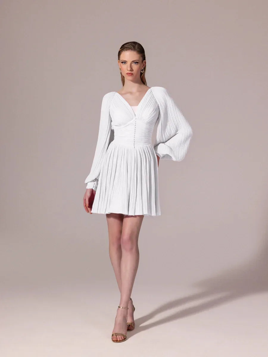 25305-Balon Kollu, Piliseli Mini Elbise - Kenzel