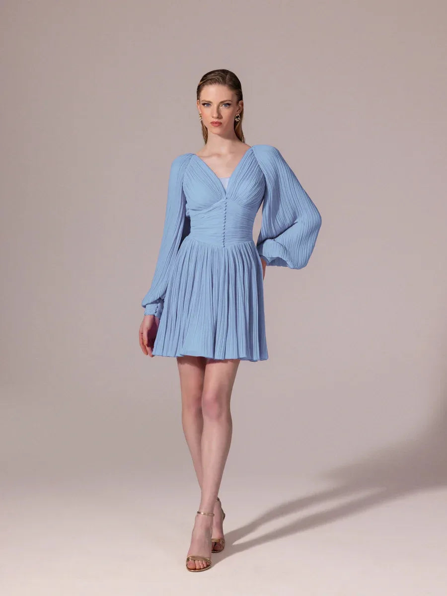 25305-Balon Kollu, Piliseli Mini Elbise - Kenzel