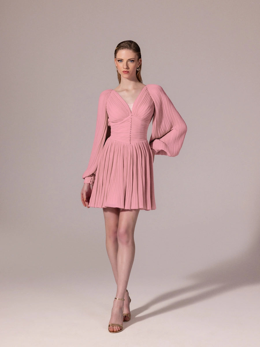 25305-Balon Kollu, Piliseli Mini Elbise