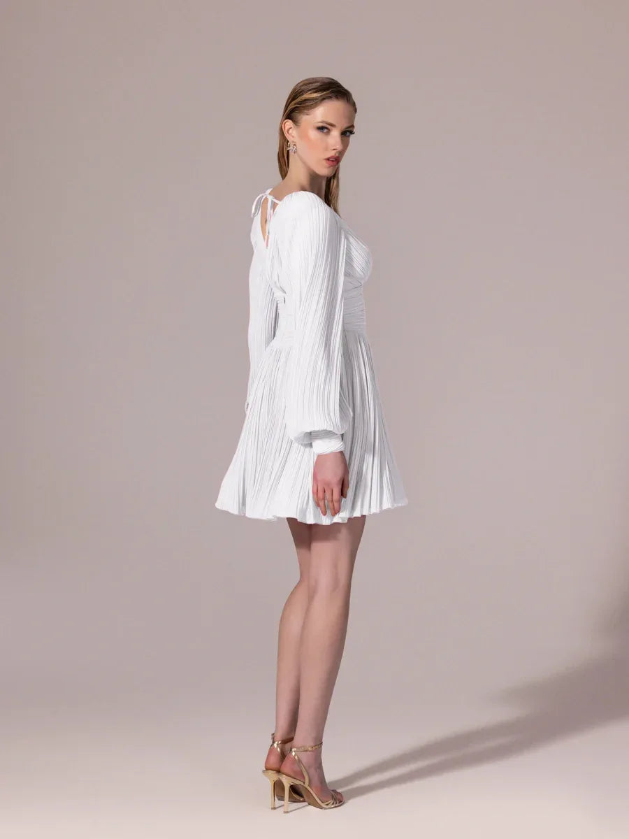 25305-Balon Kollu, Piliseli Mini Elbise - Kenzel