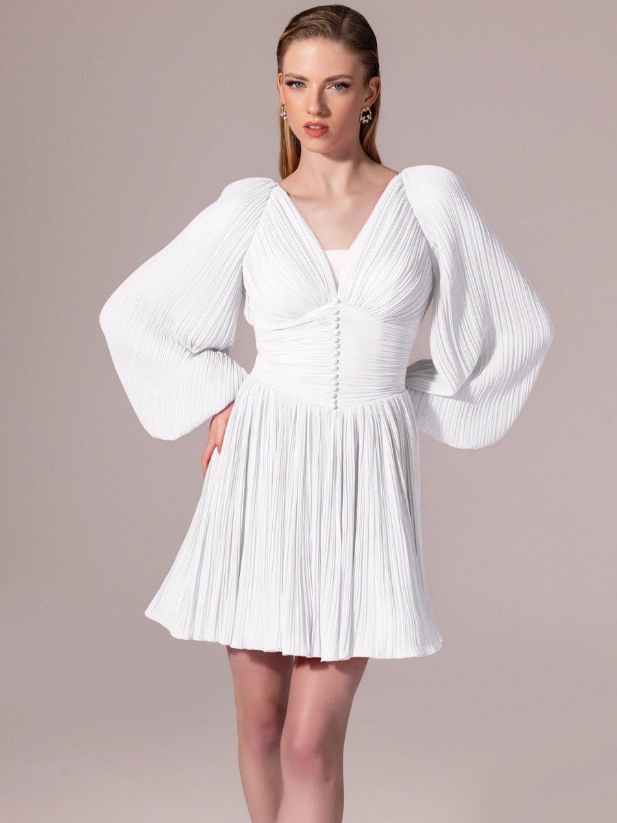 25305-Balon Kollu, Piliseli Mini Elbise