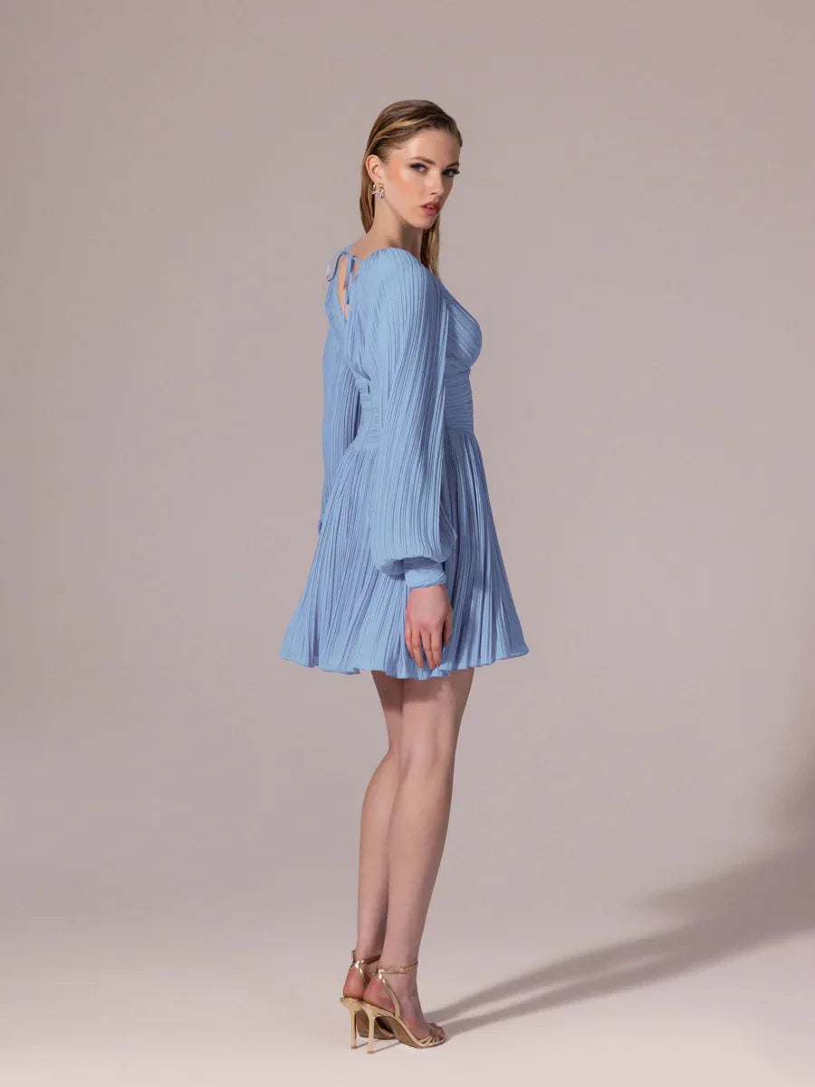 25305-Balon Kollu, Piliseli Mini Elbise - Kenzel