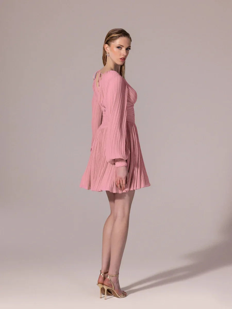 25305-Balon Kollu, Piliseli Mini Elbise - Kenzel