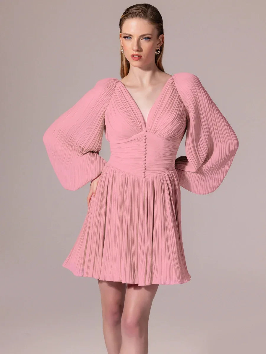 25305-Balon Kollu, Piliseli Mini Elbise - Kenzel