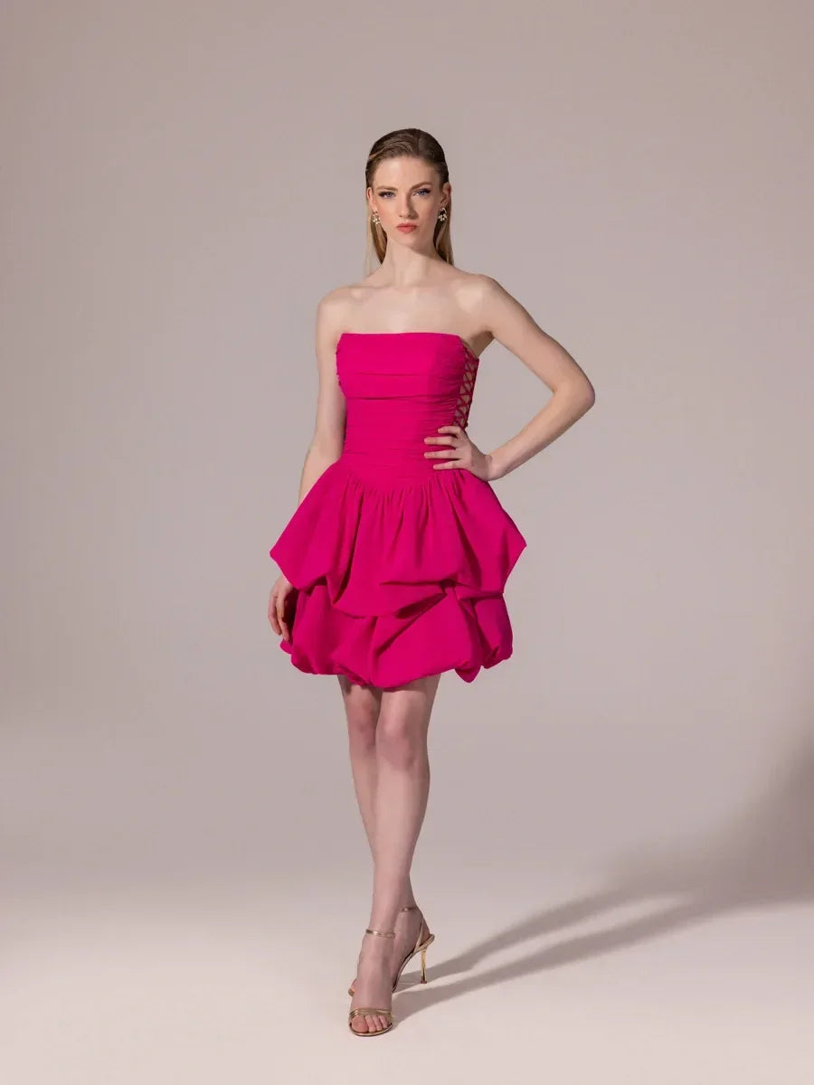 25306-Strapless Mini Balloon Dress with Side Lace Detail