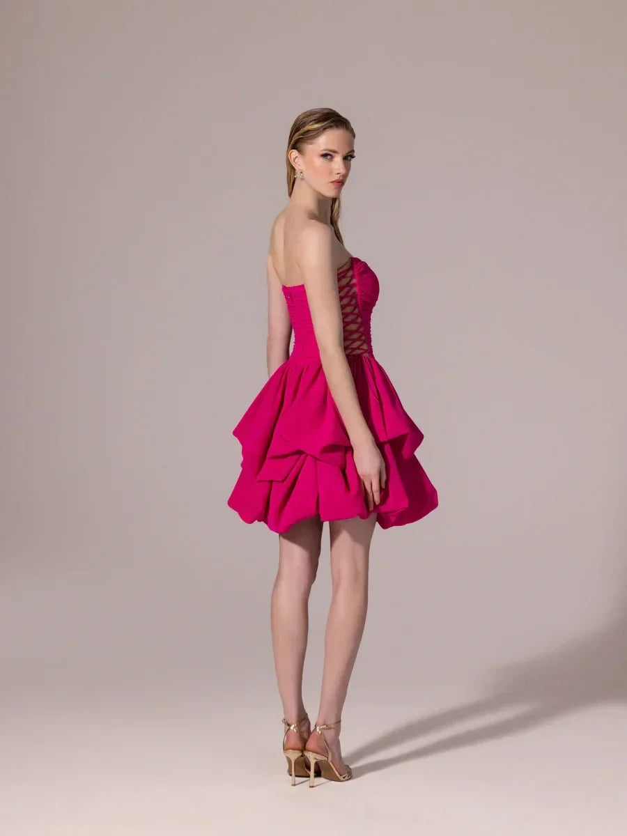 25306-Yanları Bağcık Detaylı Straplez Mini Balon Elbise - Kenzel