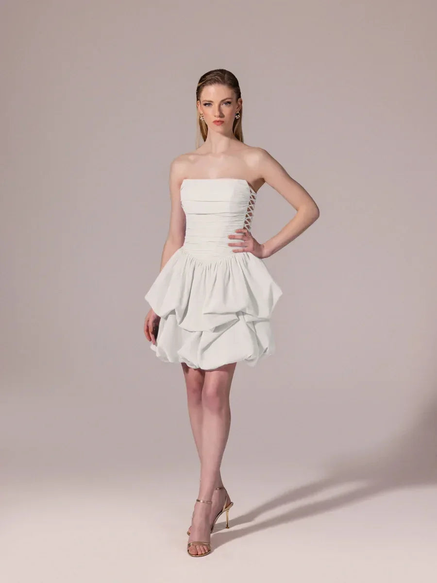 25306-Yanları Bağcık Detaylı Straplez Mini Balon Elbise - Kenzel