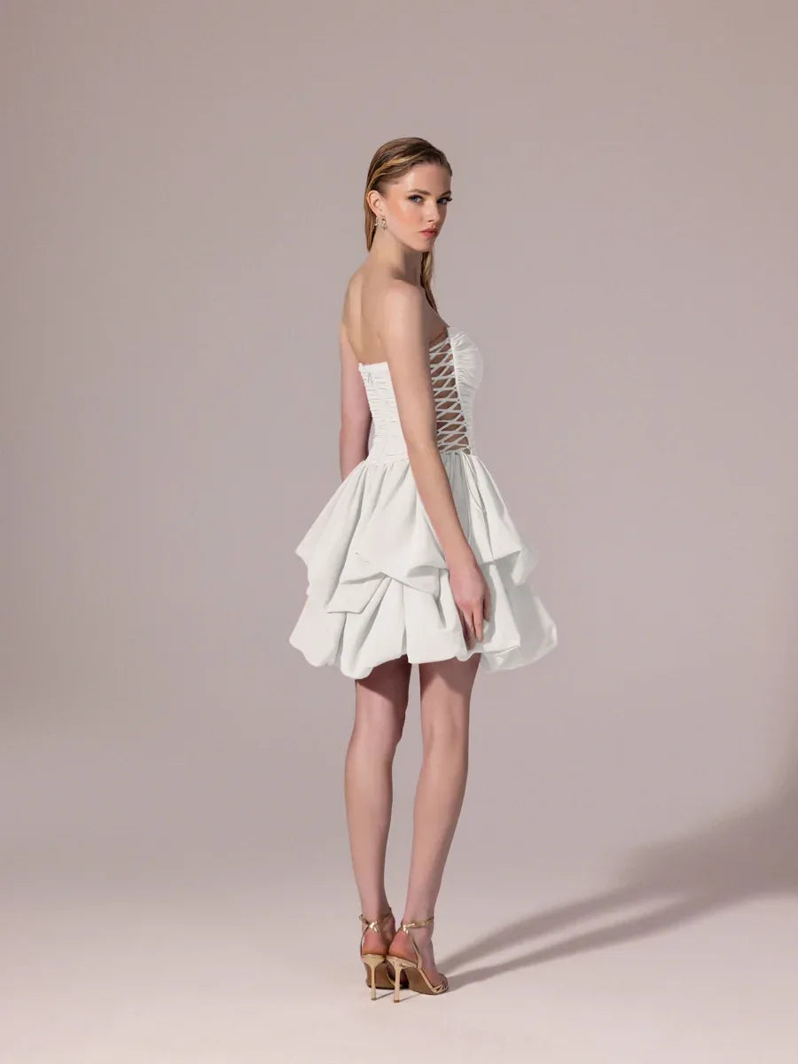 25306-Yanları Bağcık Detaylı Straplez Mini Balon Elbise - Kenzel