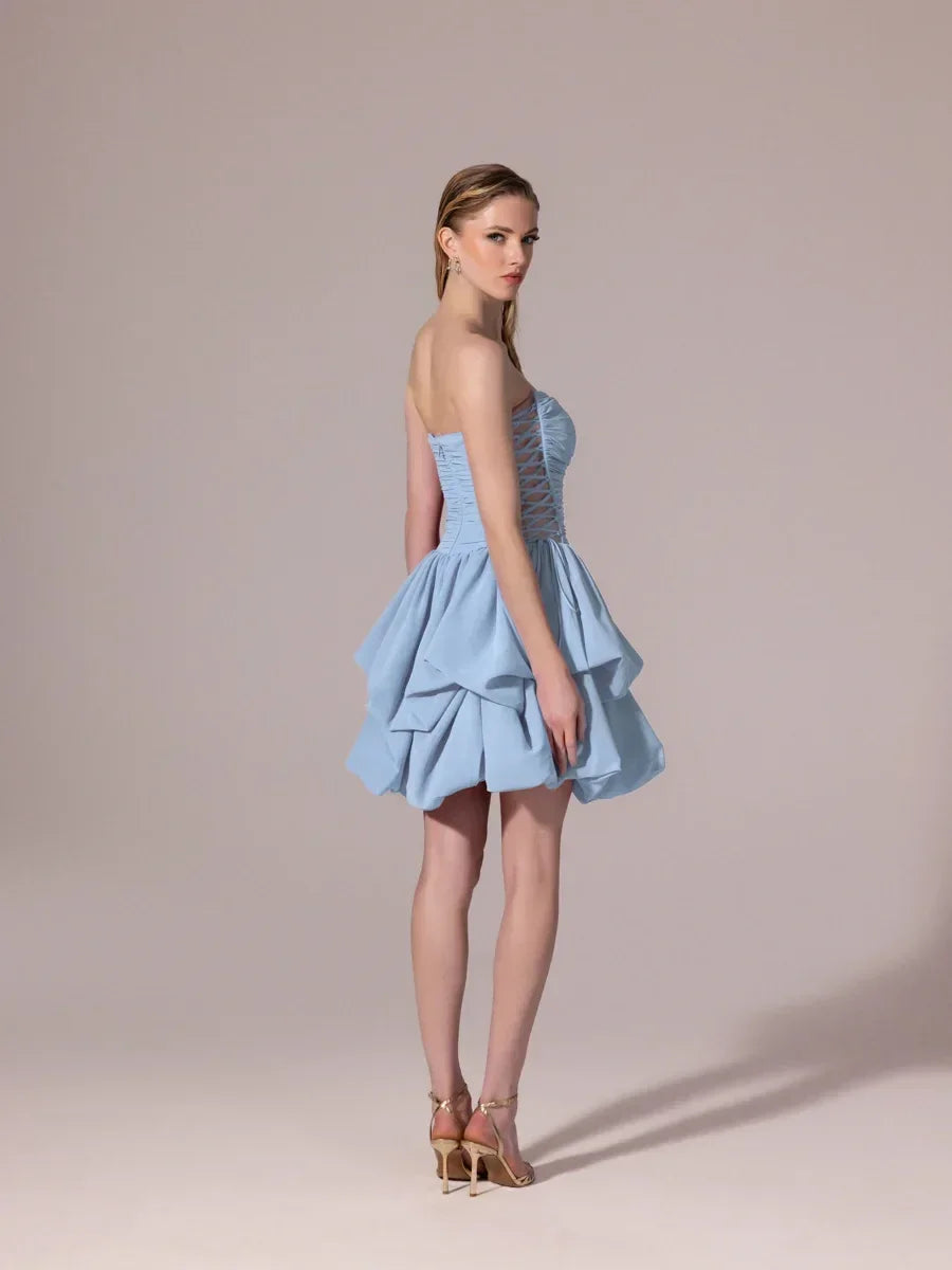 25306-Yanları Bağcık Detaylı Straplez Mini Balon Elbise - Kenzel