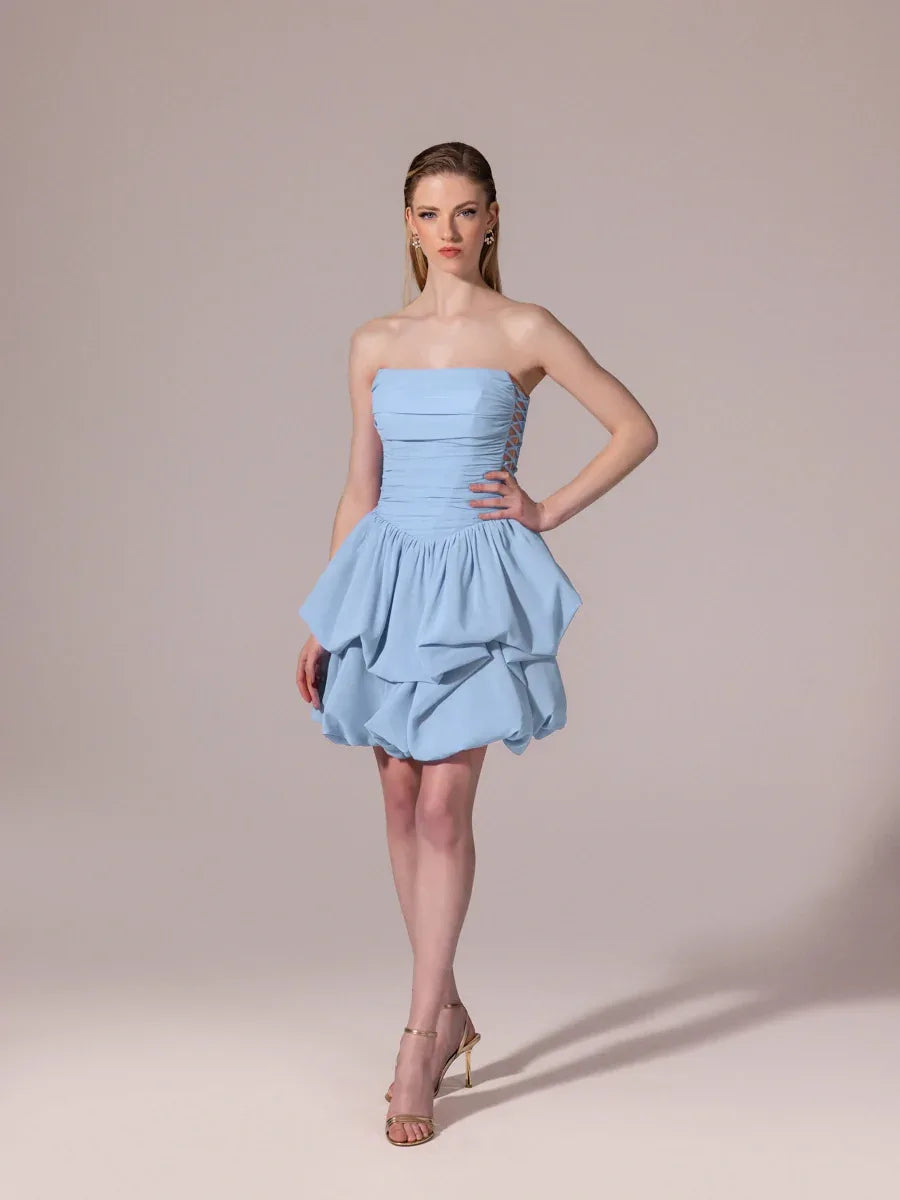 25306-Yanları Bağcık Detaylı Straplez Mini Balon Elbise - Kenzel